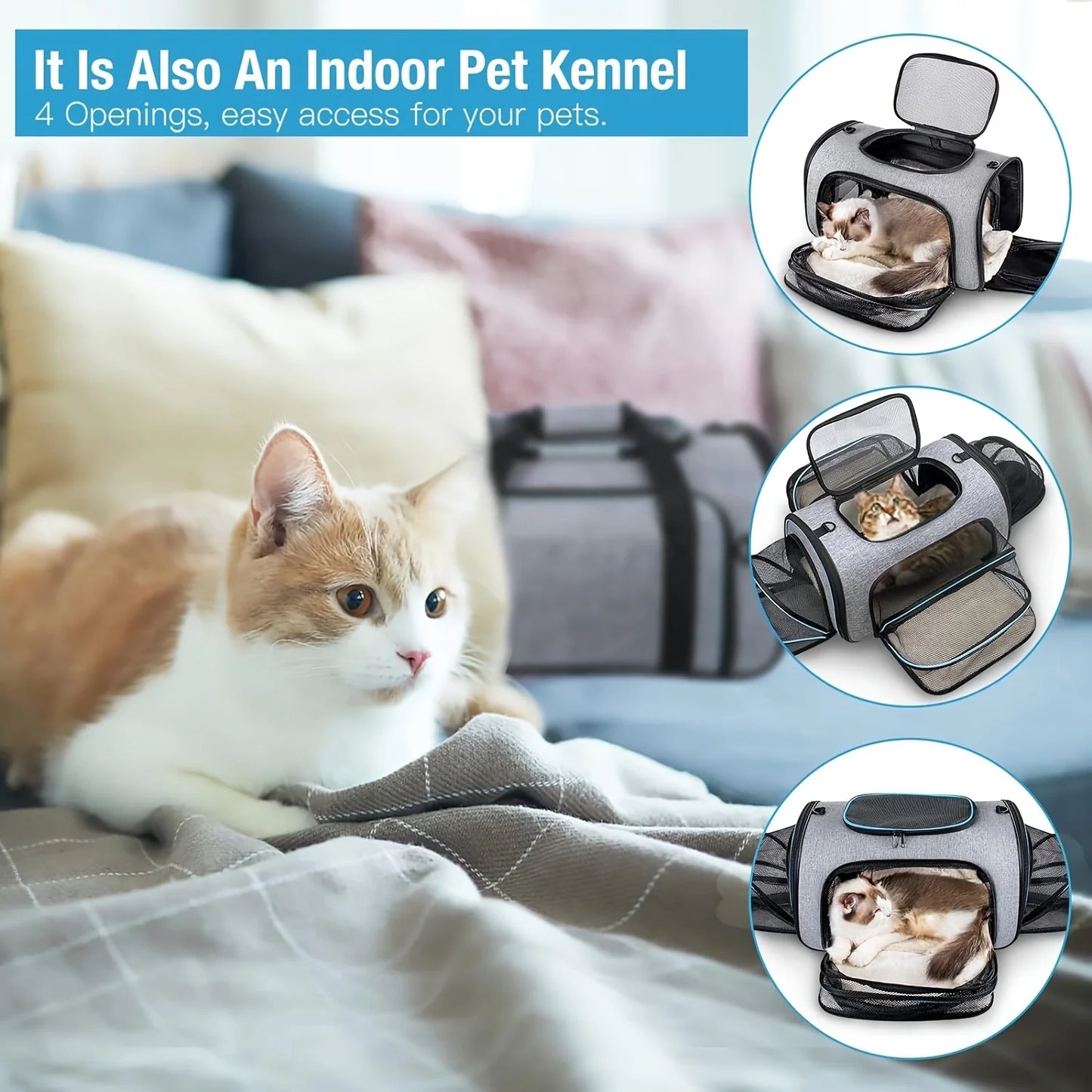 4-Way Expandable Pet Carrier, Airline Approved Foldable Cat Soft Side Carrier with Removable Fleece Pad for Cats, Puppies, Small