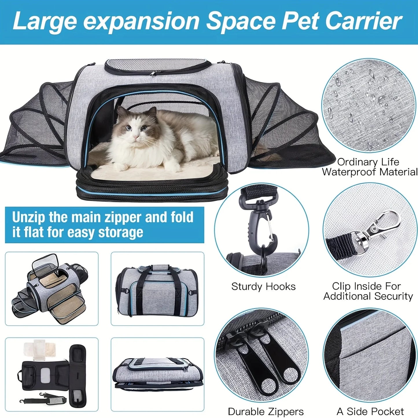 4-Way Expandable Pet Carrier, Airline Approved Foldable Cat Soft Side Carrier with Removable Fleece Pad for Cats, Puppies, Small